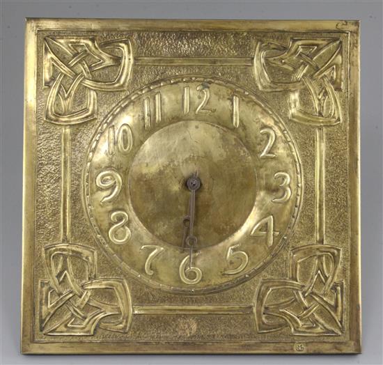 Margaret Gilmour (1860-1942). A Scottish Arts & Crafts brass wag at the wa wall clock, 14.75in.